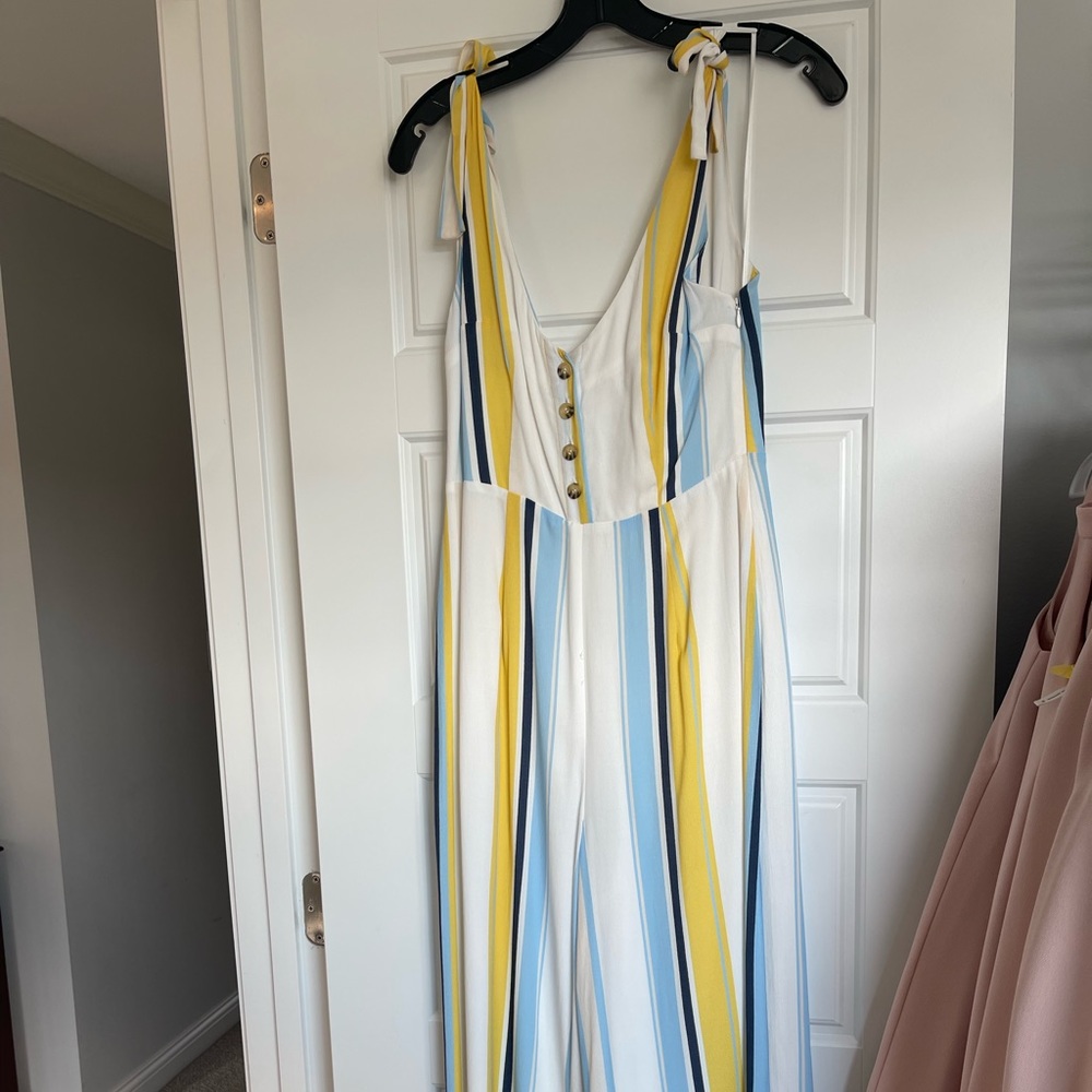 Yumi Kim Yellow/White/Blue Wide Leg Romper with Shoulder Ties